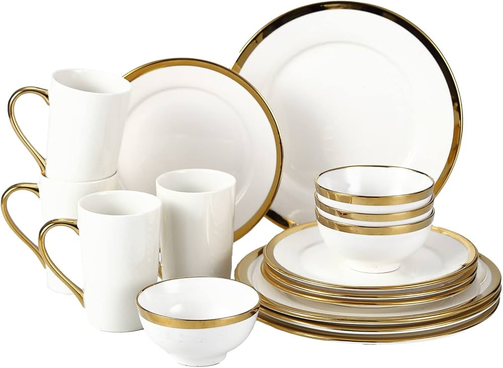 Porcelain Dinnerware Set, Stoneware Dish Set for 4, 16 Piece Kitchen Plates and Bowls Sets,Porcel... | Amazon (US)