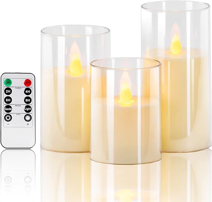 Enido Flameless Candles with Timer, Acrylic Flickering Battery LED Pillar Candles Set of 3 (D:3" ... | Amazon (US)