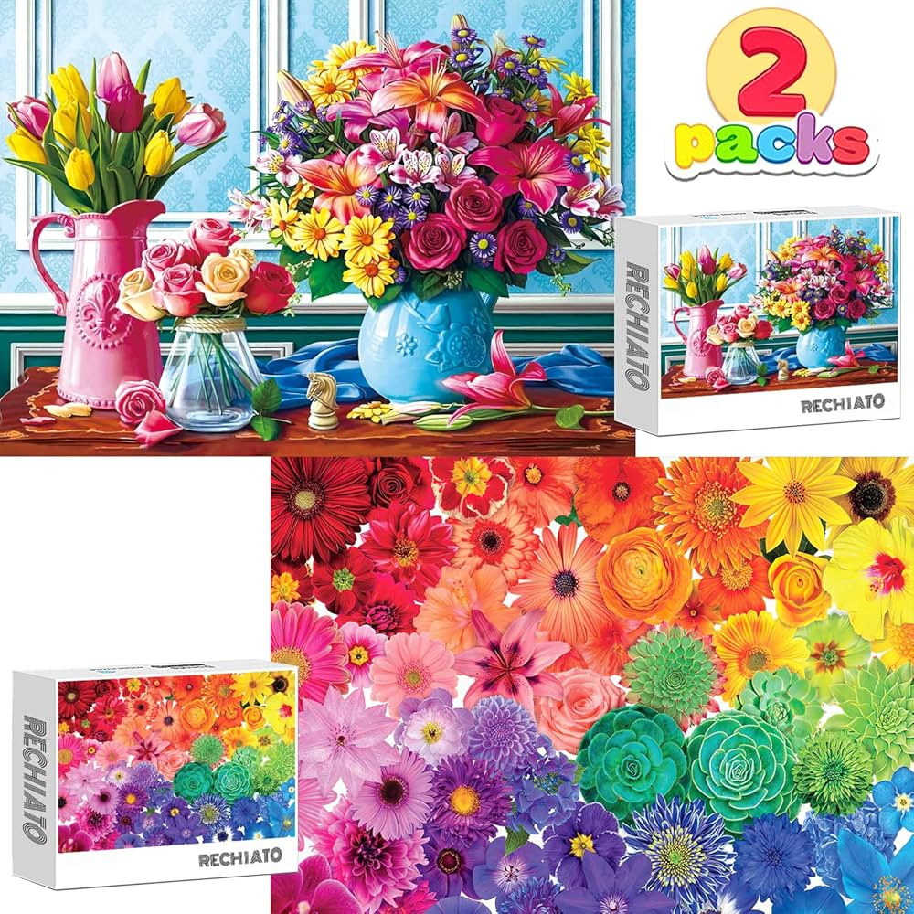 2 Pack 1000 Pieces Flower Puzzles & Colorful Flowers Succulent Puzzles, Christmas Decorations Jig... | Amazon (US)