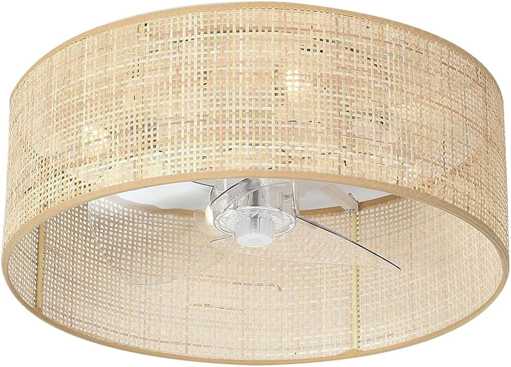 Boho Bamboo Small 18“ DC Ceiling Fan with Light Fixture and Remote Control,Enclosed Wicker Cage... | Amazon (US)