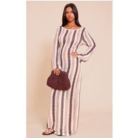 Petite Chocolate Crochet Stripe Long Sleeve Maxi Dress | PrettyLittleThing US