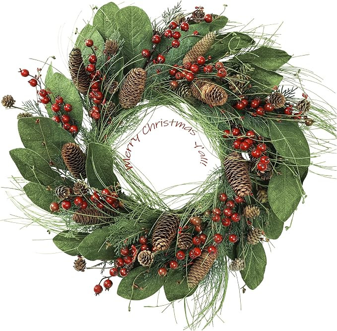 YNYLCHMX 20 Inch Christmas Wreath for Front Door, Winter Wreath with Magnolia Leaves Red Berries ... | Amazon (US)