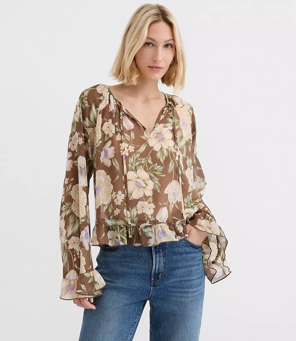 Floral Tie Neck Bell Sleeve Blouse | LOFT