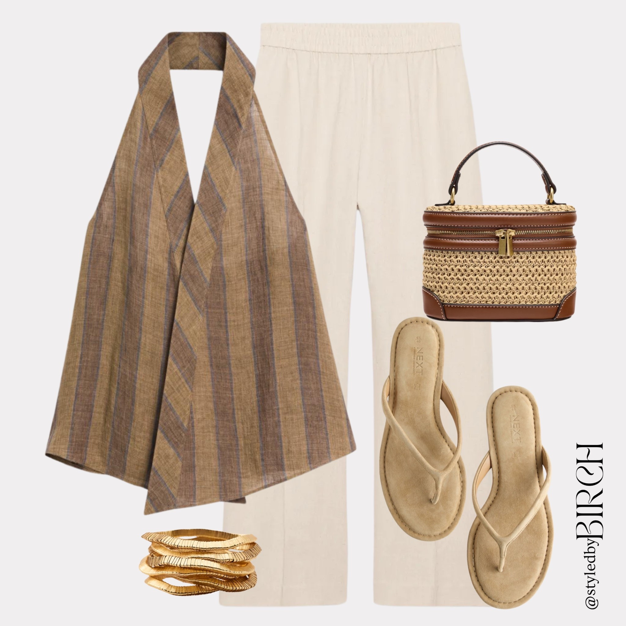 Yes those are the same sandals again and no I will not be stopping 🥰

I have them in this tan and in dark brown and they have not left my feet since I got them. I love most is how they make an outfit look so much more considered than a standard flip flop.

#ootd #outfitinspo #summerstyle #neutralstyle #chicstyle

Tags 🏷️
Brown striped halter wrap top, cream linen wide leg trousers, raffia and leather box bag, tan suede flip flops, gold stacked bangles

#LTKuk #LTKsummer #LTKeurope
