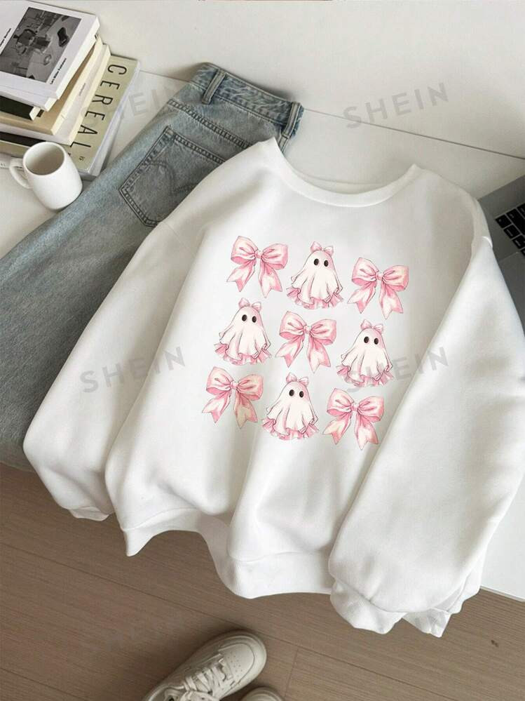 SHEIN EZwear Halloween Cute Pink Bow Dress Little Ghost 9 Square Pattern Women's Autumn And Winte... | SHEIN