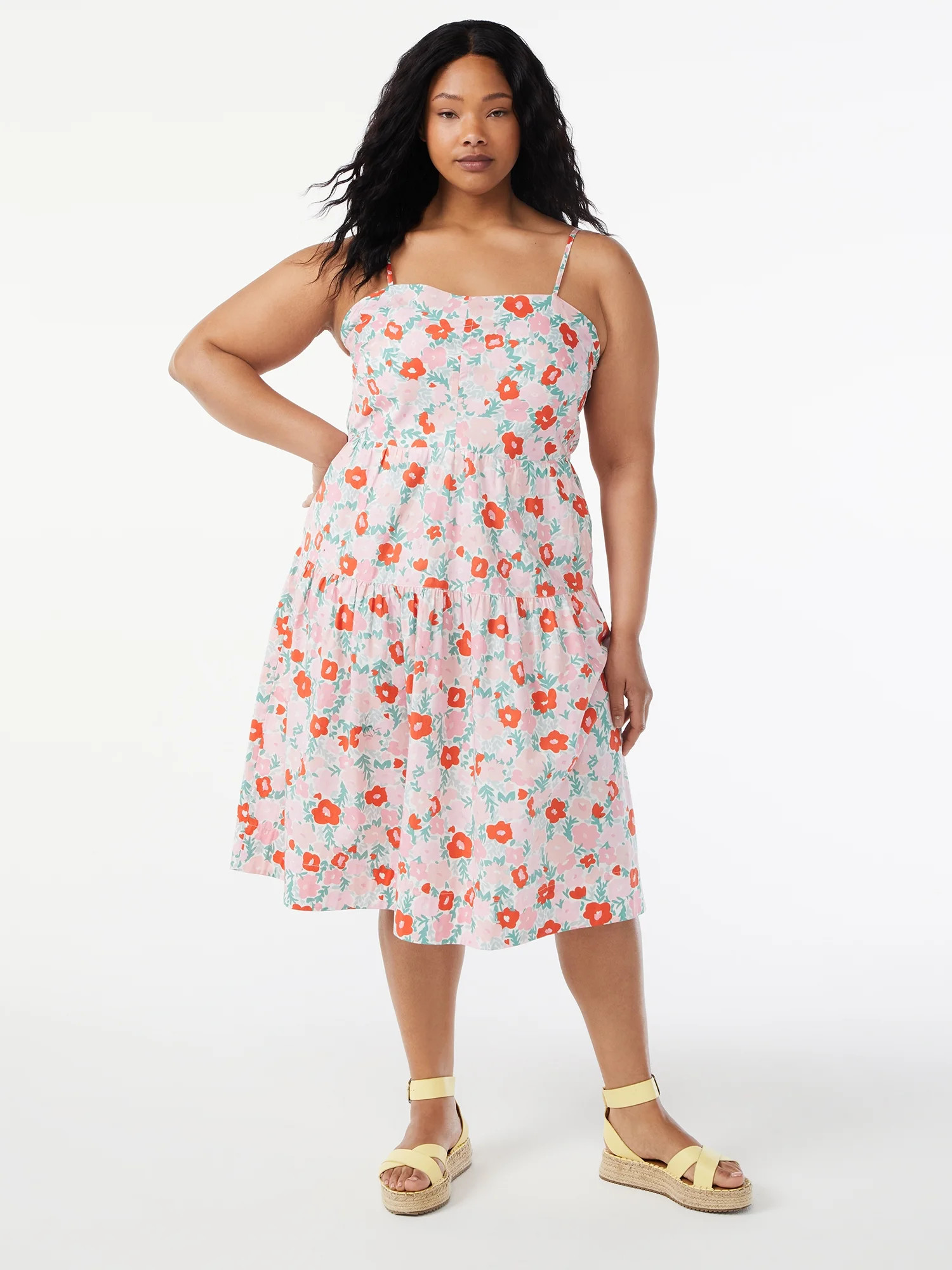 Free Assembly Women's Tiered Midi Dress with Tie Back - Walmart.com | Walmart (US)