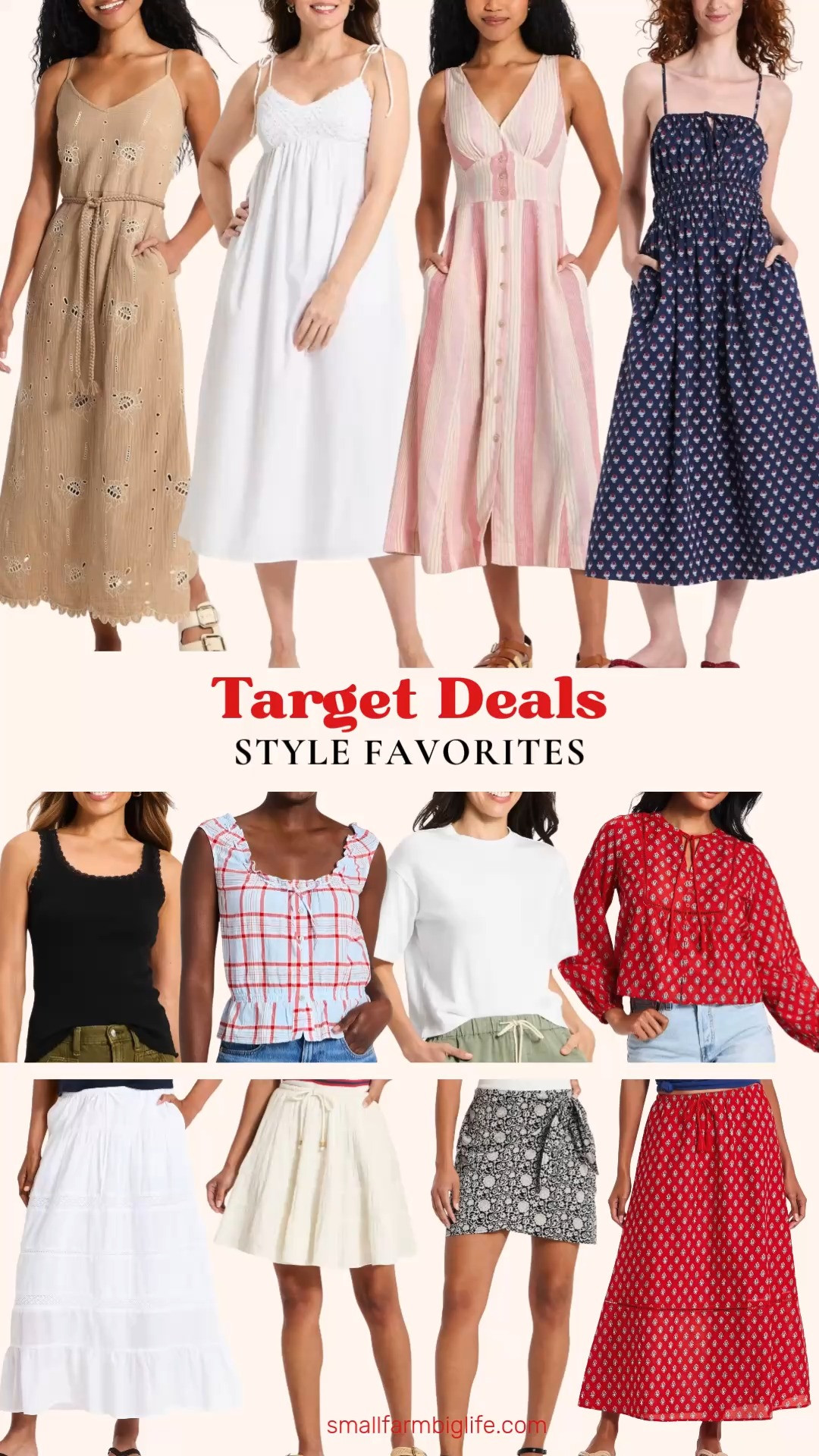 Target Circle Deal Days has some really pretty style picks on sale right now and this round up has such a great mix of summer staples and statement pieces. The white crochet maxi sundress and the white lace maxi skirt are two of my favorite elevated summer pieces in this round up and the red floral balloon sleeve blouse paired with the matching red floral maxi skirt is such a stunning coordinated look. The pink striped button front midi dress and the navy floral maxi pullover are two easy throw on and go summer dresses that work for so many occasions. The black rib lace tank is a great everyday basic and the printed wrap skirt and tiered mini skirt round out the collection with versatile bottom options for any summer outfit. Tap to shop before the sale ends! 

 #LTKootd #LTKOver40 #LTKSaleAlert