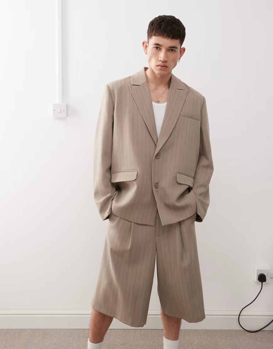 Reclaimed Vintage oversized summer blazer in beige pinstripe-Grey | ASOS (Global)