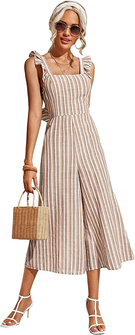 WDIRARA Women's Striped Square Neck Ruffle Trim Sleeveless Tie Back Wide Leg Jumpsuit | Amazon (US)