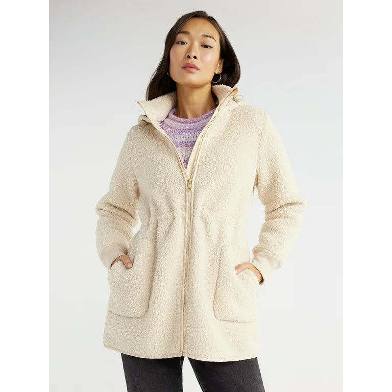 Time and Tru Women’s and Women’s Plus Faux Shearling Zip Hoodie Jacket, Midweight, Sizes S-3X | Walmart (US)