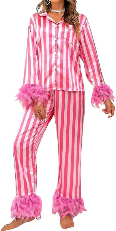 Sastianaen Women Feather Pajamas Silk Satin Lounge Sets Long Sleeve Button Down Shirts and Pants ... | Amazon (US)