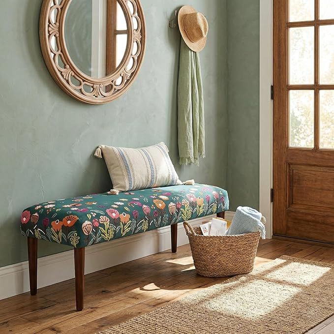 Handmade Upholstered Accent Bench | Green Multi-Color Embroidered Butterfly Floral Design | Velve... | Amazon (US)