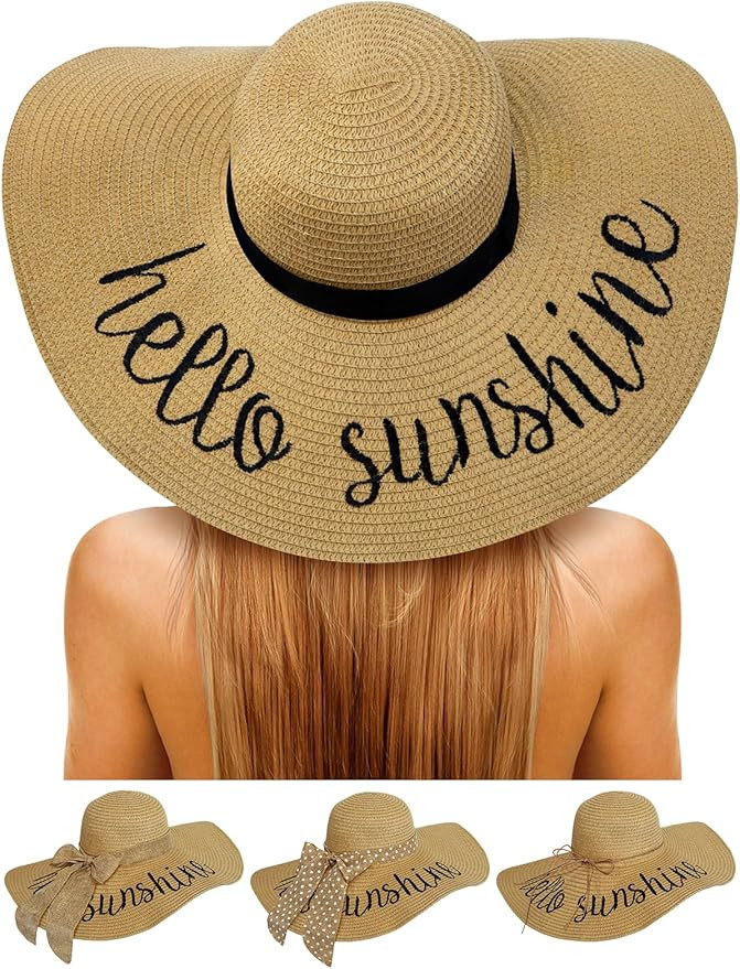 Senker Fashion Beach Hats for Women, Floppy Straw Sun Hat Embroidered Wide Brim for Summer Honeym... | Amazon (US)