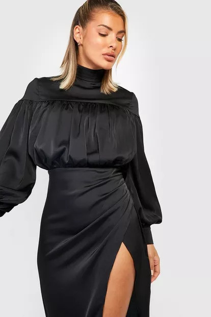 Satin High Neck Wrap Midi Dress | Boohoo.com (US & CA)