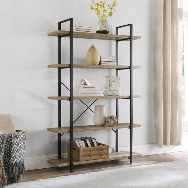 BELLEZE Industrial Bookshelf Open Wide Office Etagere Book Shelf Wood And Metal Bookcases | Walmart (US)