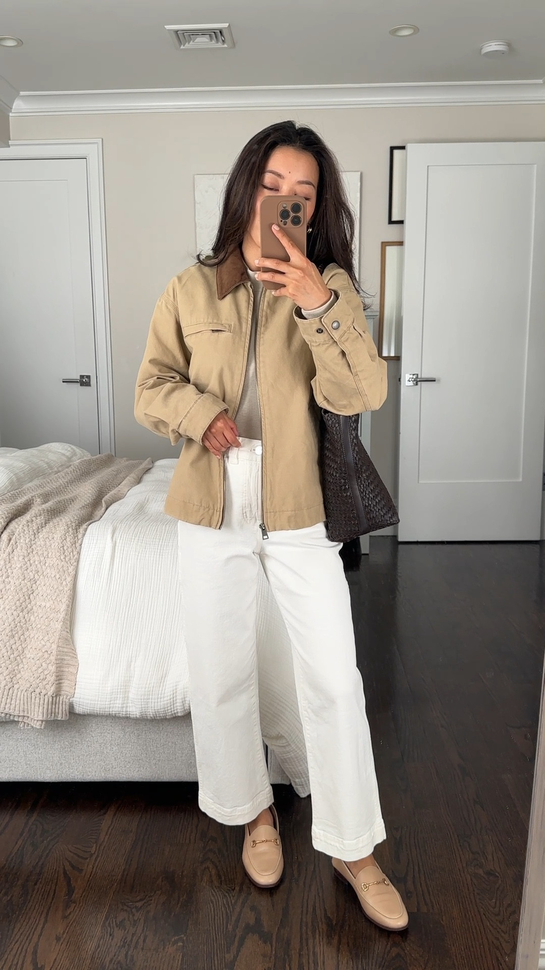 A spring utility / barn style jacket I tried on

• Levi's Cotton Twill Utility Jacket with Corduroy Collar in tan xs - size xs is an oversized fit on me, 100% cotton, lined with light padding for warmth. 

Also linked a super cute aritzia version of this jacket starting in xxs that is more copped and not lined so not as warm  

• Madewell Petite Perfect Vintage Wide-Leg Crop Jean in Tile White 24 petite 

• Sam Edelman Loraine bit loafers 5.5 

• Madewell woven leather tote bag. Roomy, pliable easily fits my laptop 

Spring jackets, layering, petite friendly casual mom outfits 

#LTKSeasonal #LTKPetite #LTKFindsUnder100