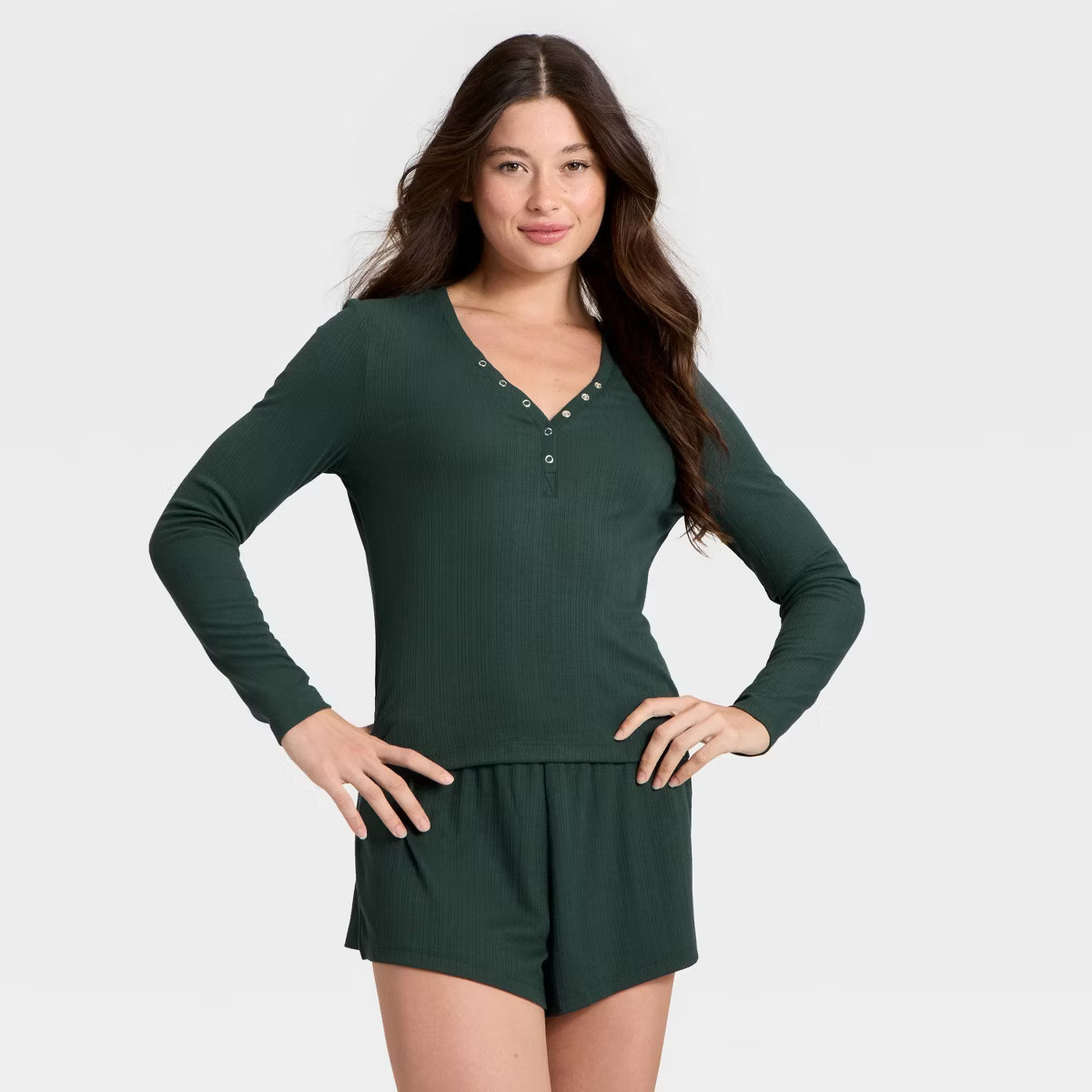 Women's Ribbed Long Sleeve Shirt and Shorts Pajama Set - Auden™ | Target