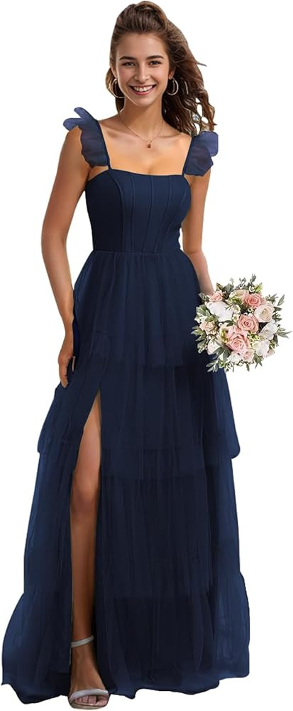 Spaghetti Straps Bridesmaid Dresses Long with Slit A-Line Tulle Ruffles Tiered Skirt Formal Gown | Amazon (US)