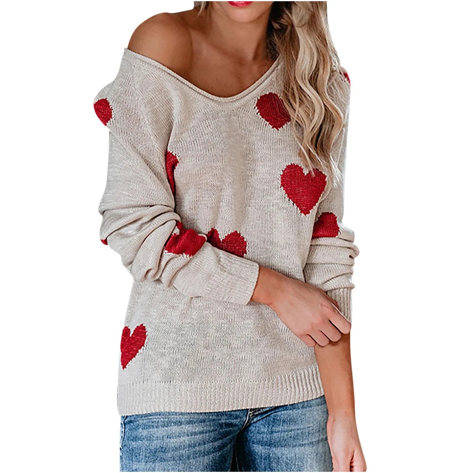 cocolona Womens V-neck Knitted Sweater Valentine's Day Loose Long Sleeve Shirts Fall Winter Pullo... | Walmart (US)