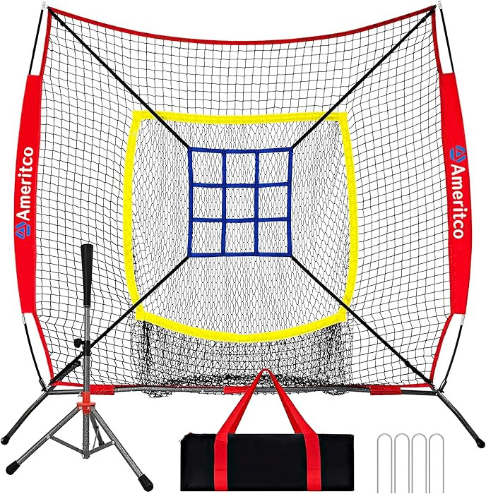 Baseball Net，7x7ft Baseball Practice Net with Tee and Target, Large Pocket Sports net for Hitti... | Amazon (US)