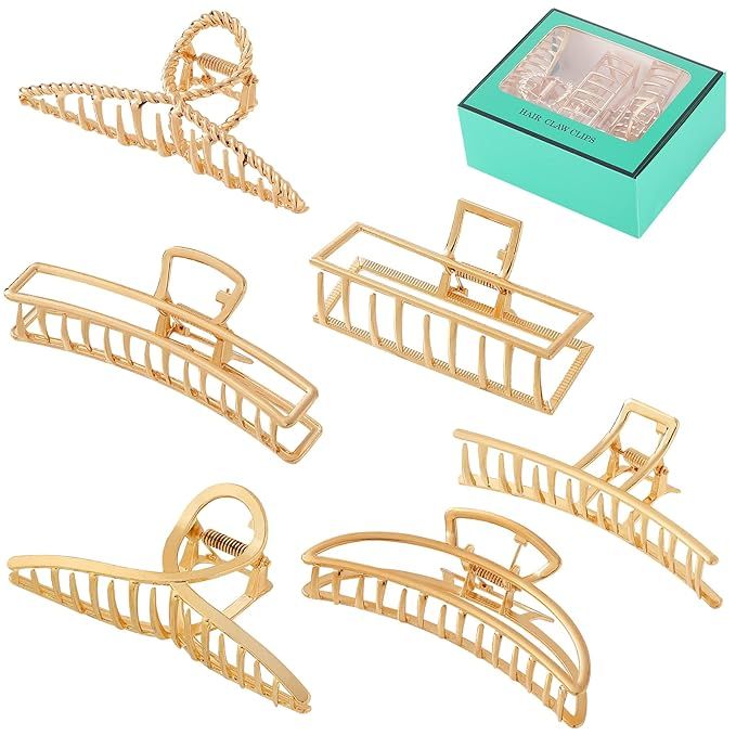 Fuystiulyo 6 Pack Large Metal Hair Claw Clips for Women, Nonslip Gold Hair Clips for Thick Thin H... | Amazon (US)