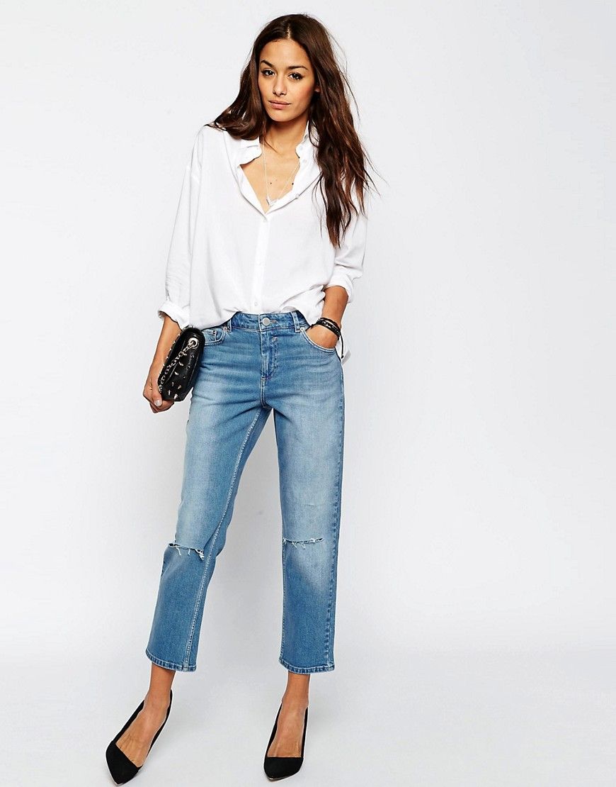ASOS Thea Midrise Girlfriend Jeans in Miami Vintage Blue with Displaced Knee Rips - Vintage blue | ASOS US
