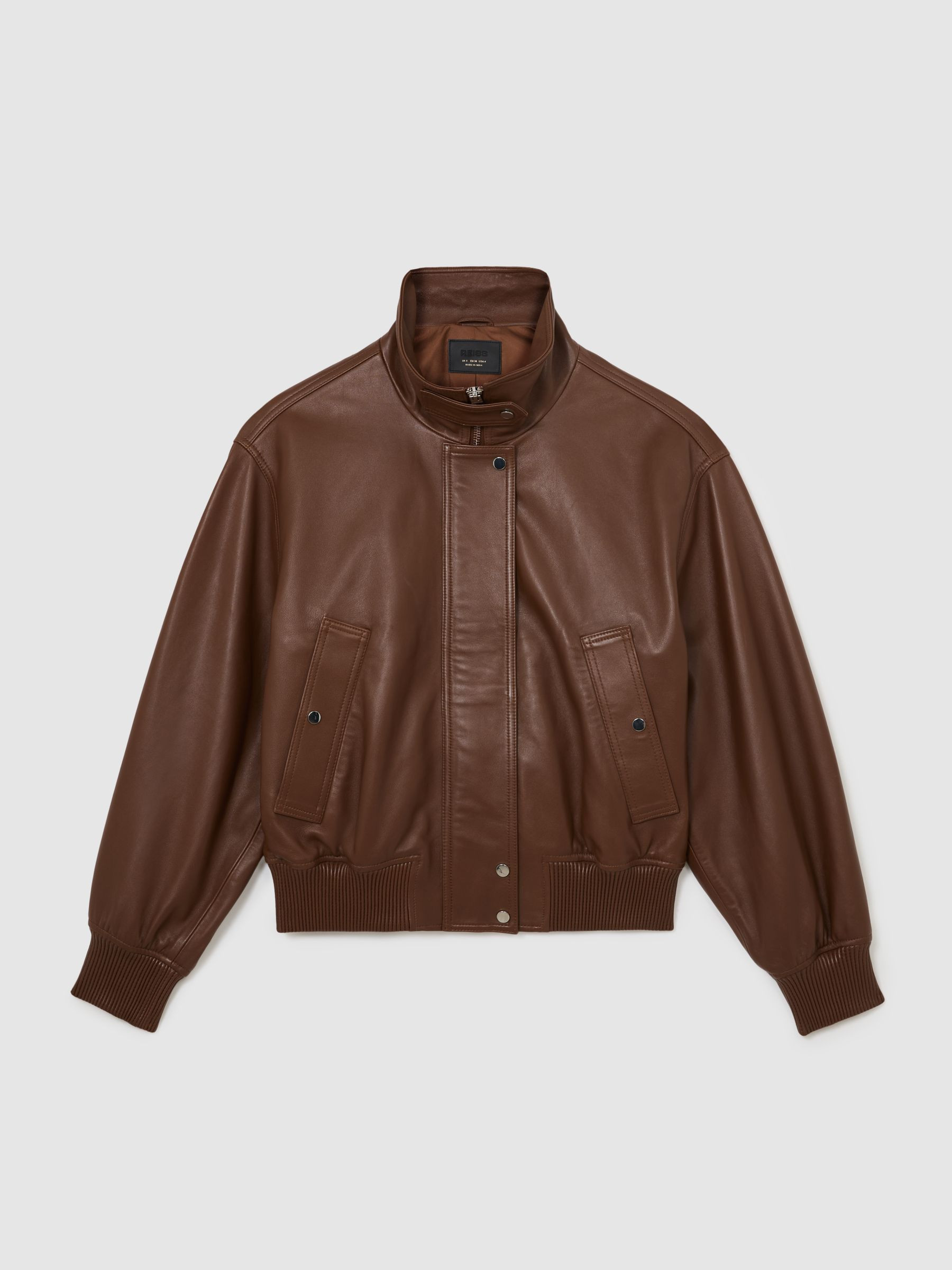 Reiss Leather Funnel-Neck Bomber Jacket in Chestnut Brown - REISS | Reiss UK