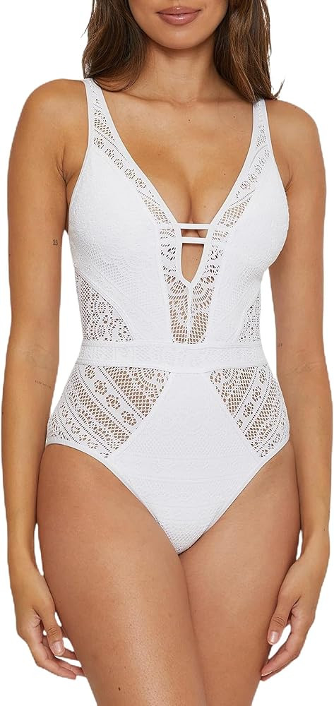 BECCA Women's Standard Color Play One Piece Swimsuit, Plunge Neck, Crochet, Bathing Suits | Amazon (US)