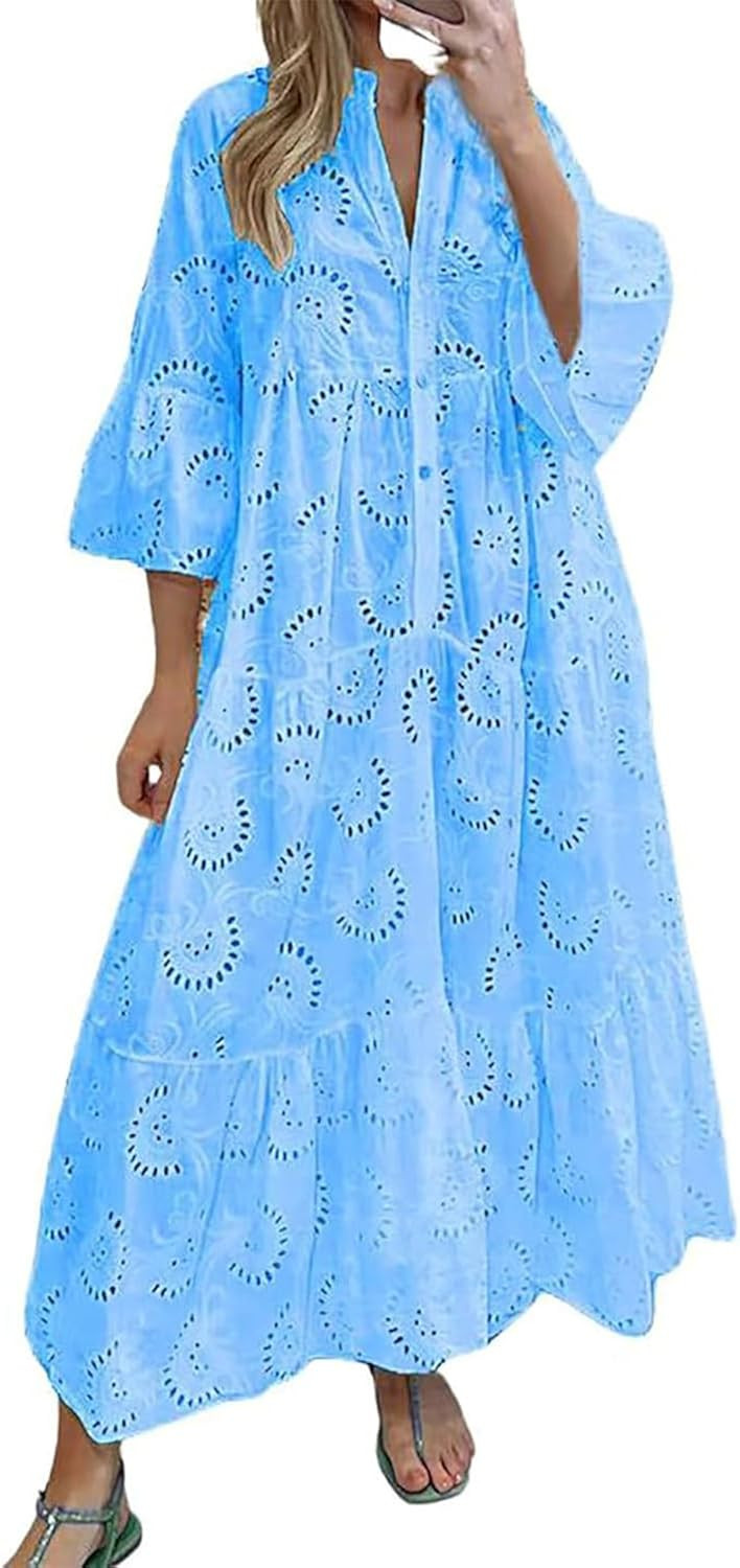 ThCreasa Womens V Neck Eyelet Embroidery Maxi Dresses Lace 3/4 Trumpet Sleeve Button Hollow Tiere... | Amazon (US)
