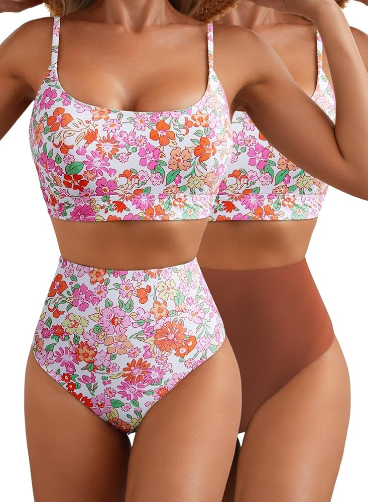 Herseas 2 Piece High Waisted Bikini Set for Women 2025 Spaghetti Straps Swim Top with Reversible ... | Amazon (US)