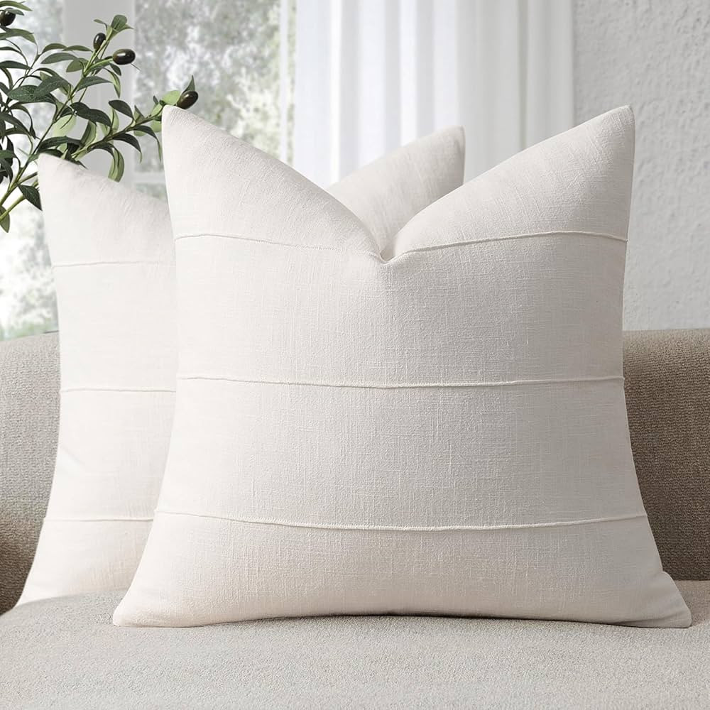 Decorative Linen Throw Pillow Covers 24x24 Set of 2 Solid handcrafted Striped Cushion Covers for ... | Amazon (US)