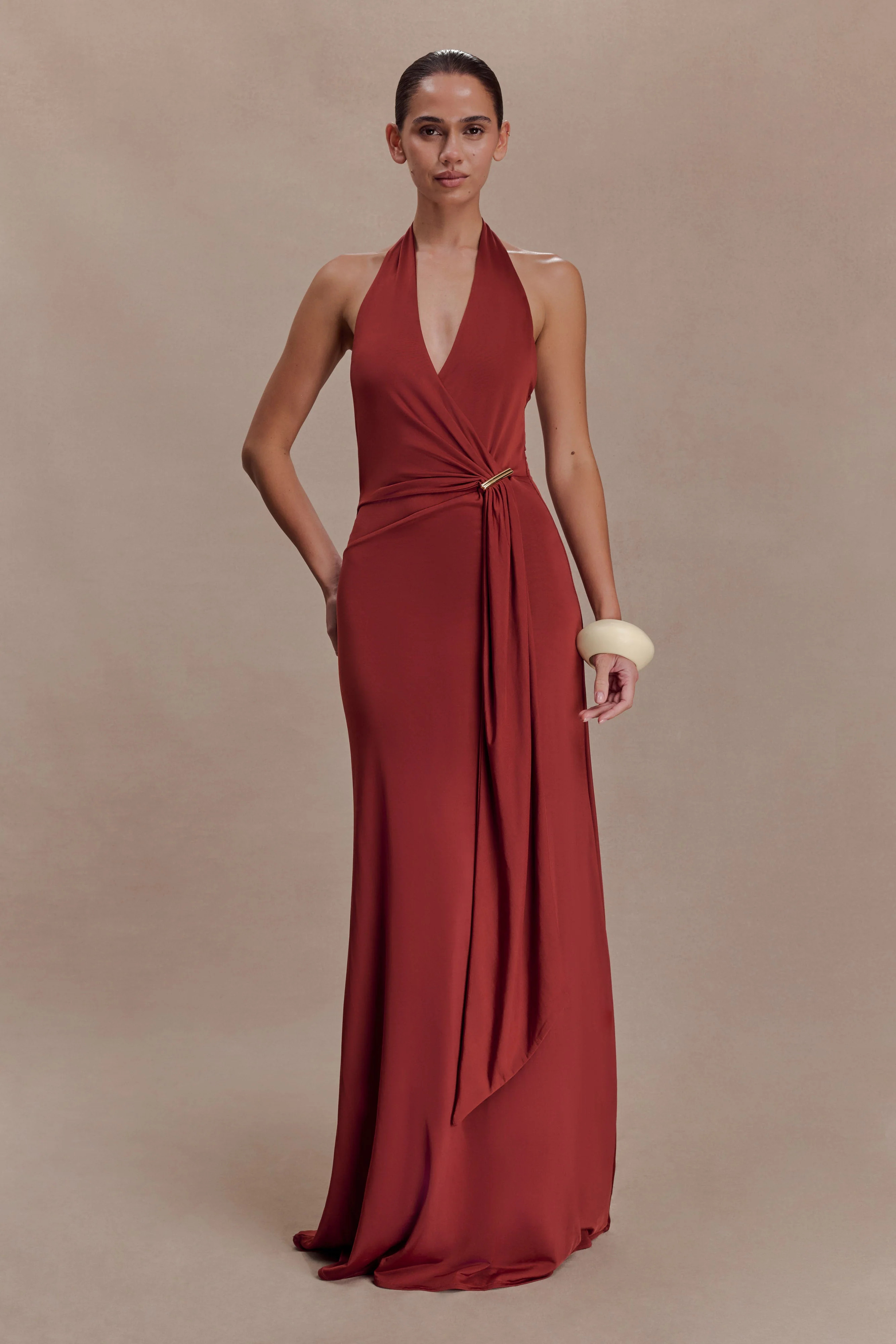 Slinky Halter Maxi Dress - Russet | MESHKI US