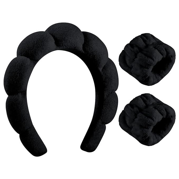Sponge Spa Headband for Women, Soft Makeup Headband and Wrist Washband Set Black Skincare Headban... | Amazon (US)
