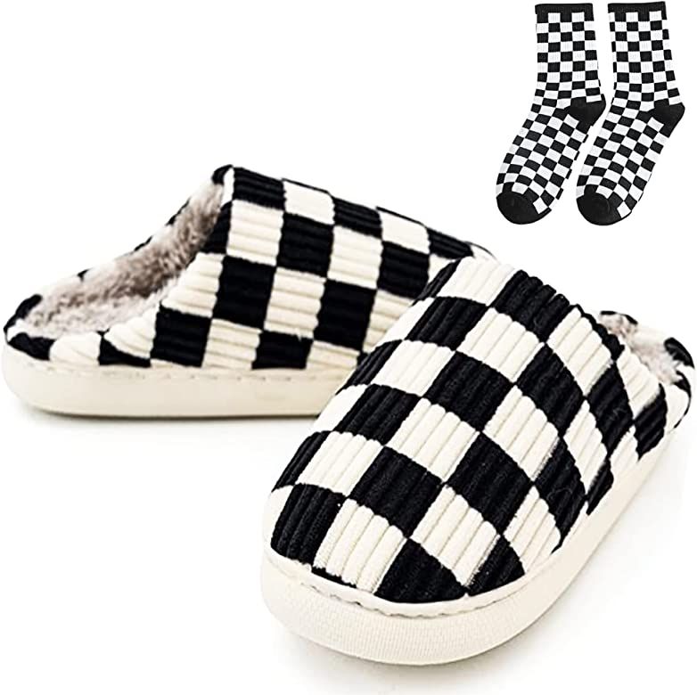 DLYiRen House Slippers for Women Men, Plush House Shoes Memory Foam Checkered Slippers Womens Out... | Amazon (US)