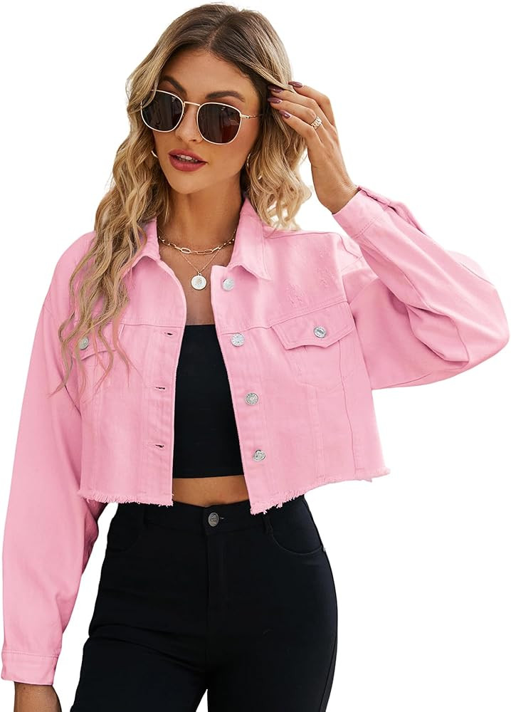 LONGYIDA Women's Cropped Denim Jacket | Distressed Button-Down Jean Jacket | Long Sleeve Ripped &... | Amazon (US)