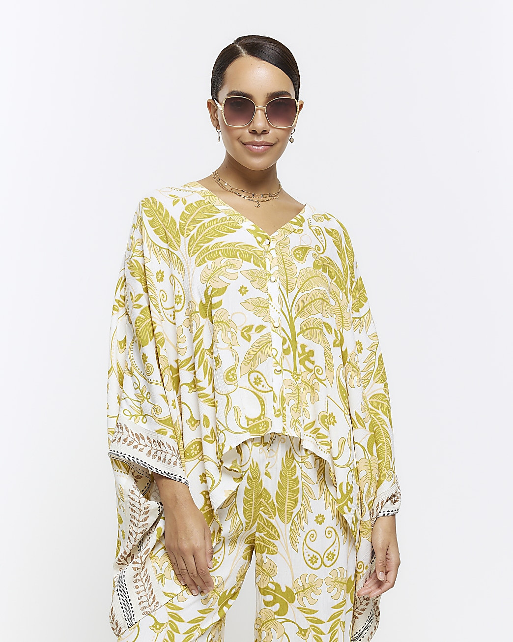 Khaki leaf button up beach top | River Island (UK & IE)