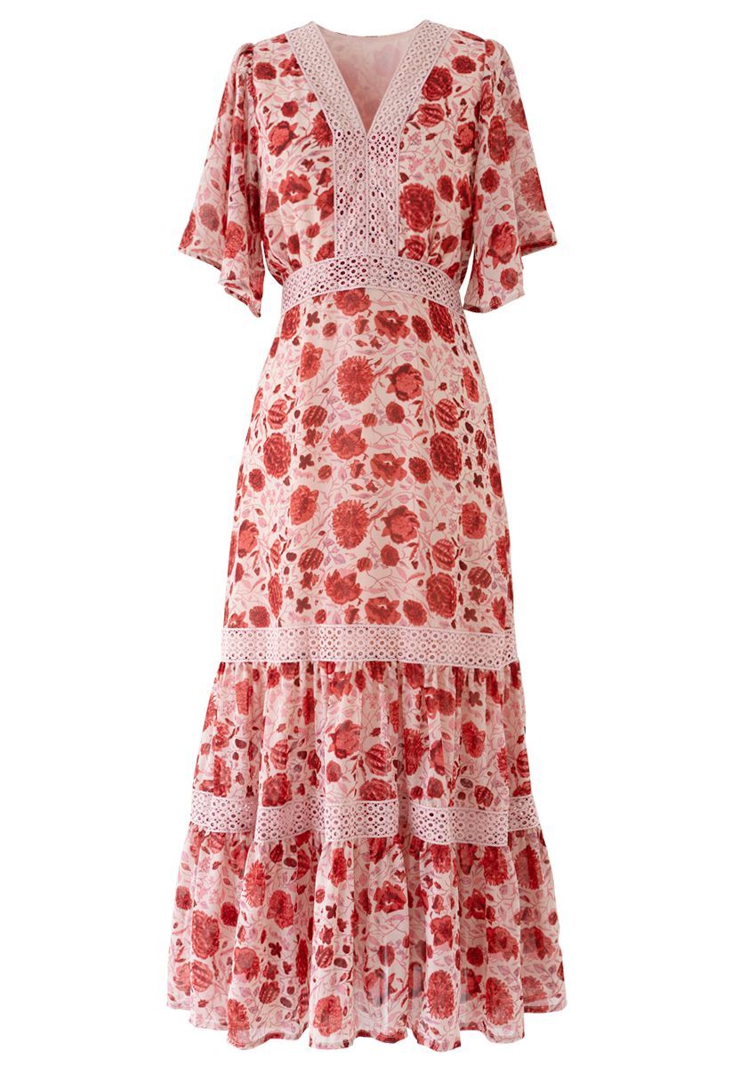 Red Floral Crochet Frilling Chiffon Dress | Chicwish