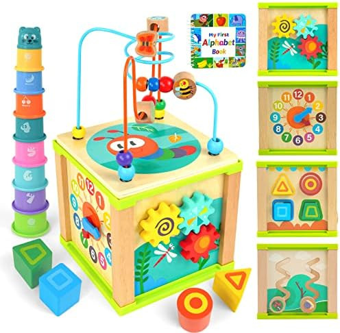 Amazon.com: Baby Activity Cube for Toddlers 1-3, Wooden Montessori Bead Maze & Shape Sorter with ... | Amazon (US)