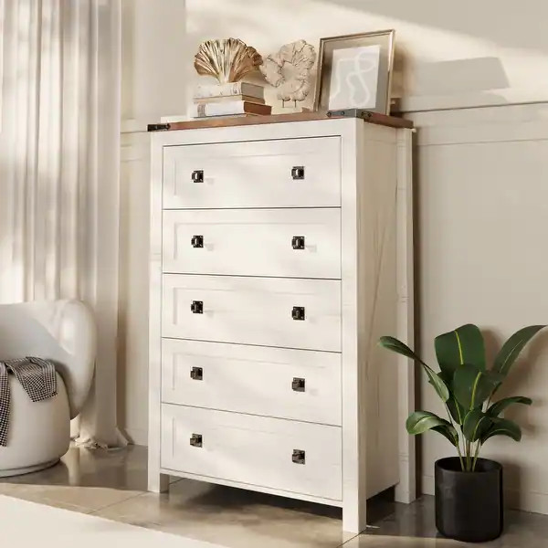 48" Tall Farmhouse 5 Drawer Wood Dresser, Chest of Drawers for Bedroom - Bed Bath & Beyond - 3994... | Bed Bath & Beyond