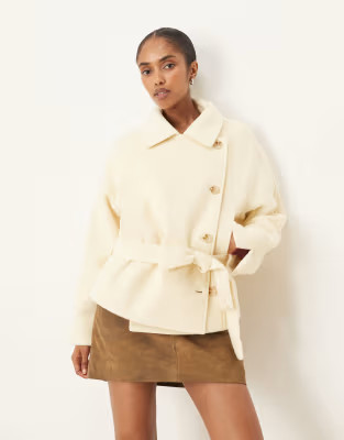 ASOS DESIGN wool blend short trench coat with low belt in buttermilk | ASOS (Global)