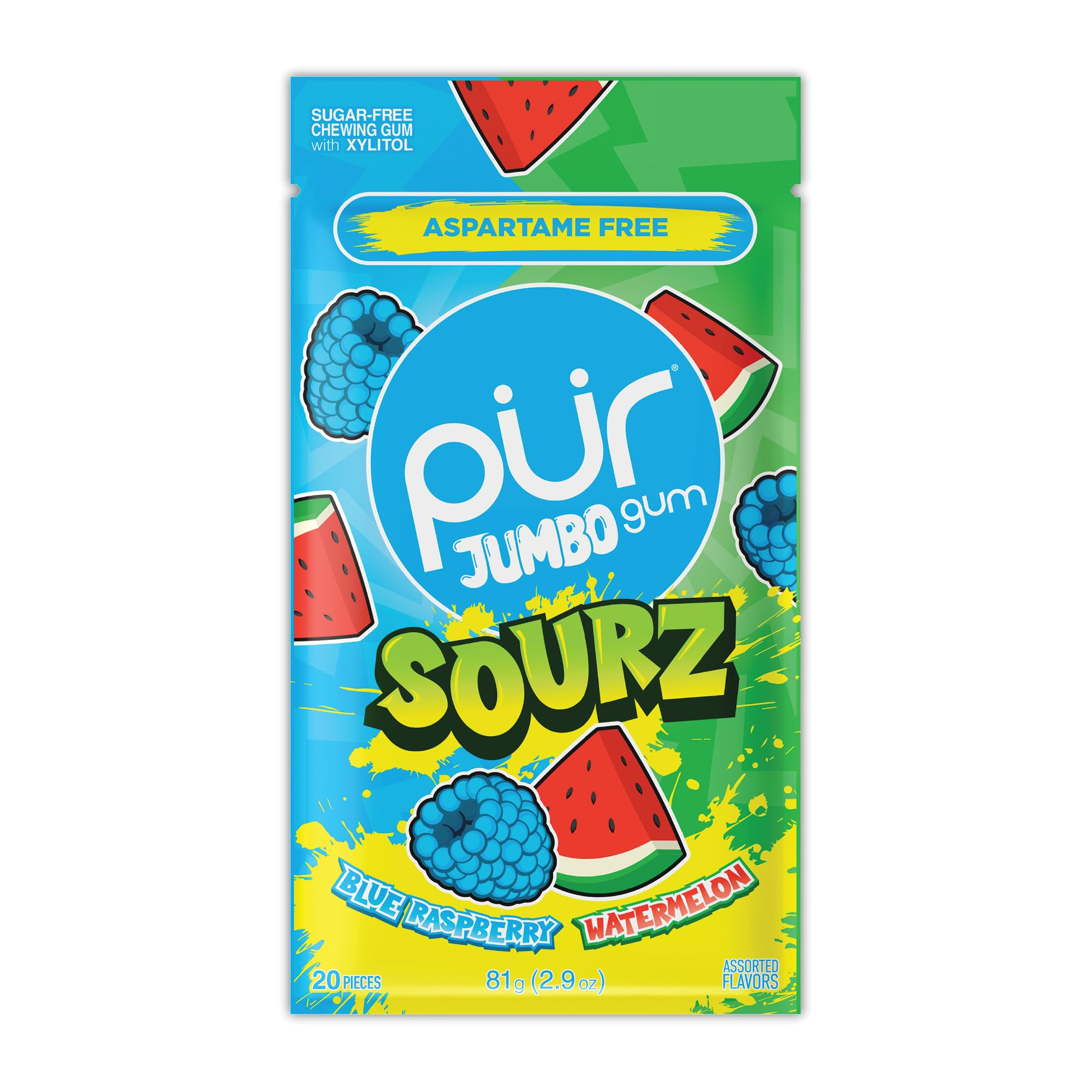PUR Jumbo SOURZ Gum | Aspartame Free Chewing Gum | 100% Xylitol | Natural Flavor | Sour Blue Rasp... | Amazon (US)