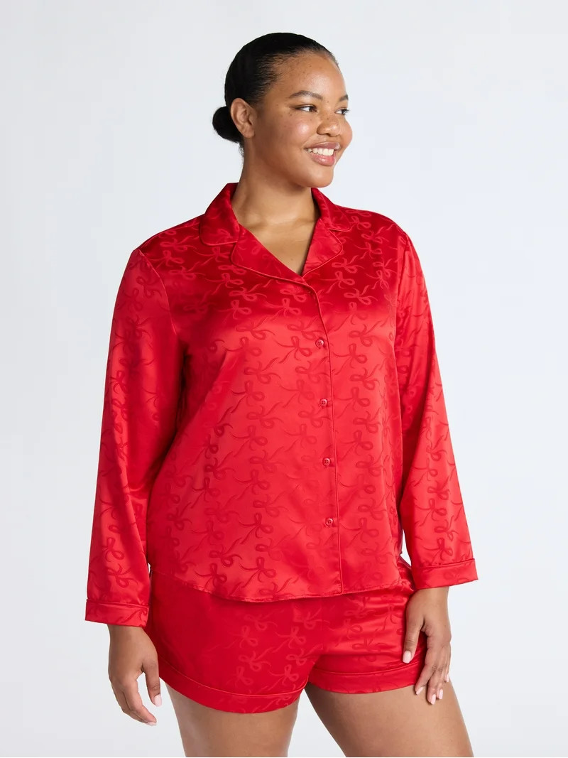 Joyspun Women’s Stretch Satin Notch Long Sleeve Top and Shorts Pajama Set, 2-Piece, Sizes XS-3X | Walmart (US)