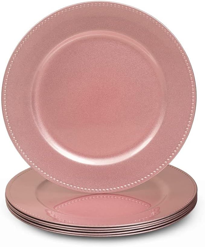 Pink Charger Plates, Round Dinner Charger with Beaded, 13 Inch Plastic Plate Chargers for Wedding... | Amazon (US)