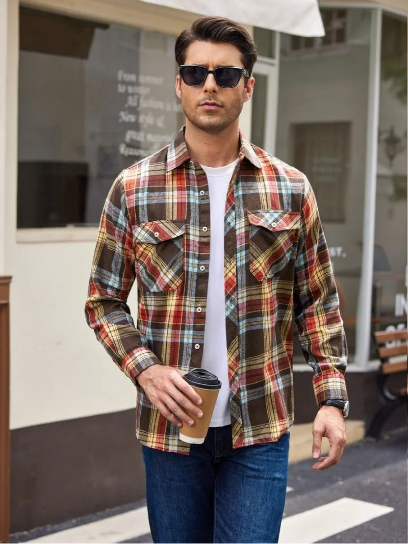 sogami Mens Long Sleeve Multi-color Plaid Shirts Flannel Casual Shirt | Walmart (US)