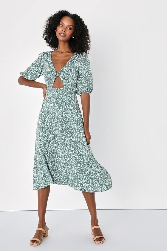 Cutest Favorite Sage Green Floral Twist-Front Midi Dress | Lulus (US)