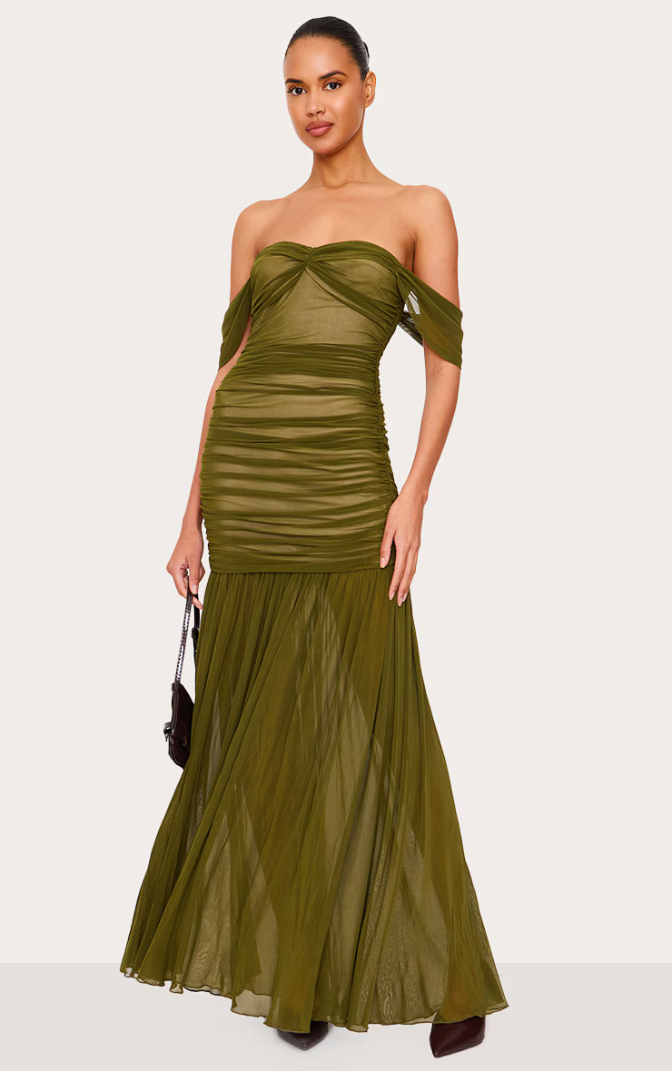 Olive Mesh Bardot Ruched Detail Maxi Dress | PrettyLittleThing US