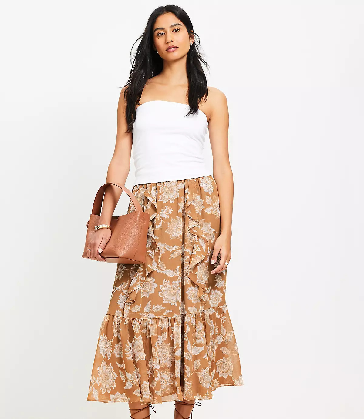 Floral Ruffle Midi Skirt | LOFT