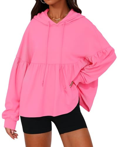 Fisoew Womens Oversized Hoodies Sweatshirts Casual Lantern Long Sleeve Drawstring Peplum Hem Loose Hooded Pullover Tops Pink | Amazon (US)