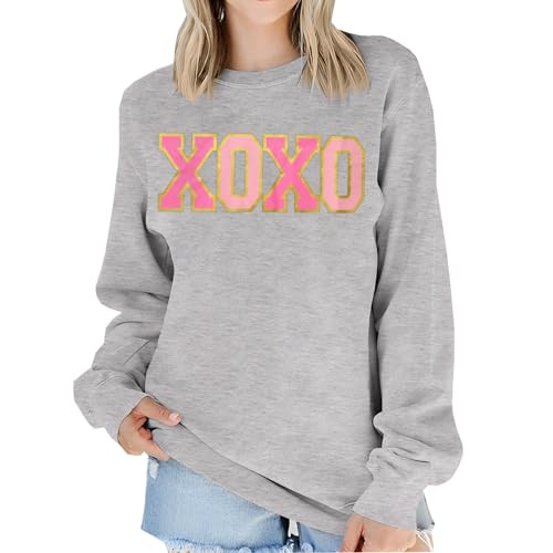 KEKEMI Valentine's Day Sweatshirt For Women Retro XOXO Graphic Sweater Shirts Crewneck Hugs and Kisses Oversized Pullover Top（Grey-164,Medium | Amazon (US)