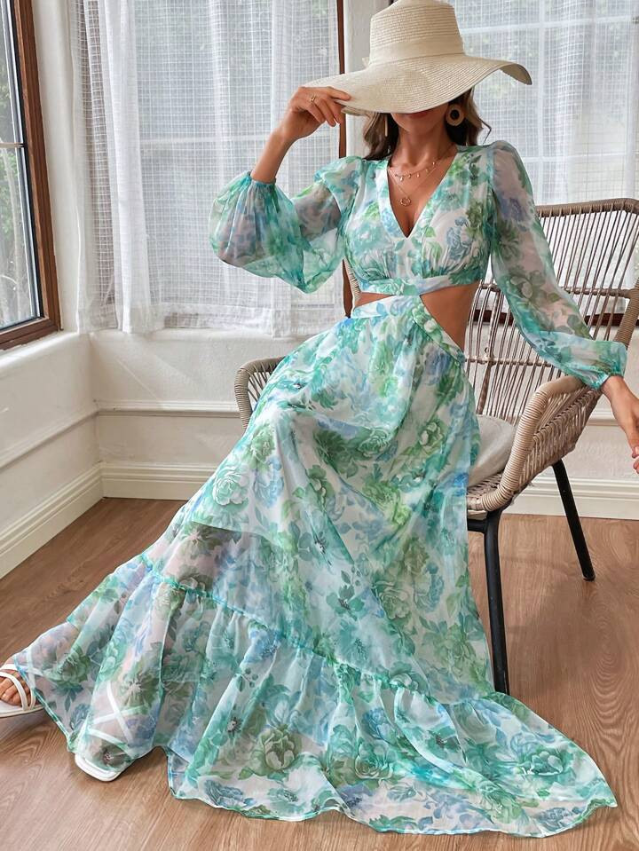 SHEIN VCAY Vacation High Waist Hollow Out Green Long Sleeve See-Through Mesh V-Neck Waist Cutout ... | SHEIN